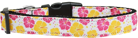 Pink and Yellow Hibiscus Flower Nylon Dog Collar XS